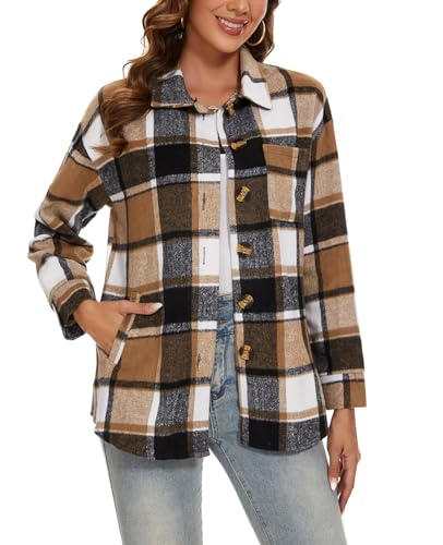 MINTLIMIT Damen Oversized Flanell Plaid Shacket Jacke Flap Pocket Lapel Button Down Shirt Jacken (Khaki L) von MINTLIMIT