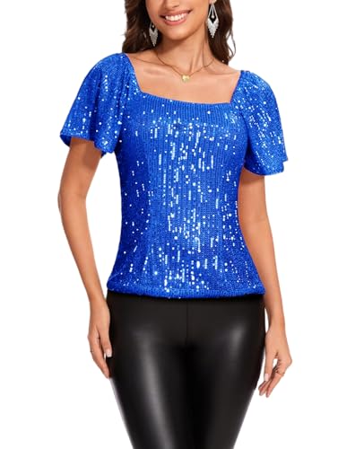 MINTLIMIT T Shirt Damen Pailletten Glitzer Oberteil Quadratischer Ausschnitt Tops Kurzarm Glitzer T-Shirt von MINTLIMIT