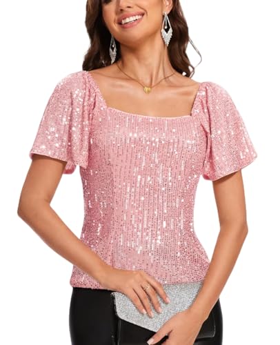 MINTLIMIT Damen Oberteil V Ausschnitt Schlank Pailletten Glitzer Tops Kurzarm T Shirts Beiläufig von MINTLIMIT