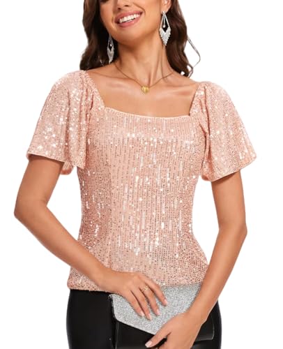 MINTLIMIT T Shirt Damen Pailletten Glitzer Oberteil Quadratischer Ausschnitt Tops Kurzarm Glitzer T-Shirt von MINTLIMIT