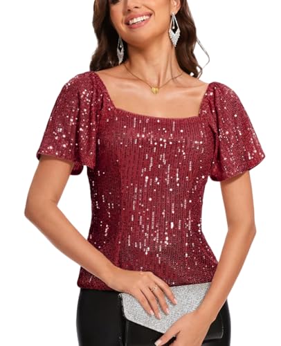 MINTLIMIT Damen Oberteil V Ausschnitt Schlank Pailletten Glitzer Tops Kurzarm T Shirts Beiläufig von MINTLIMIT