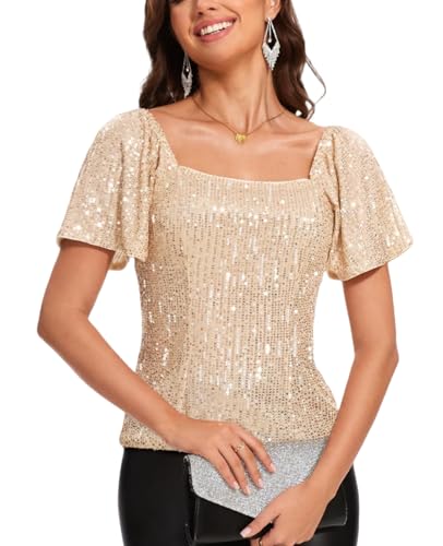 MINTLIMIT T Shirt Damen Pailletten Glitzer Oberteil Quadratischer Ausschnitt Tops Kurzarm Glitzer T-Shirt von MINTLIMIT