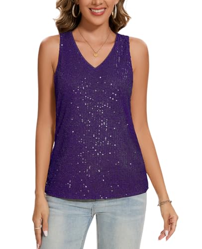 MINTLIMIT Damen Pailletten Glitzer Tunika Ärmellos Tank Top Läsiges V Ausschnitt Oberteil Lose (Purple XXL) von MINTLIMIT