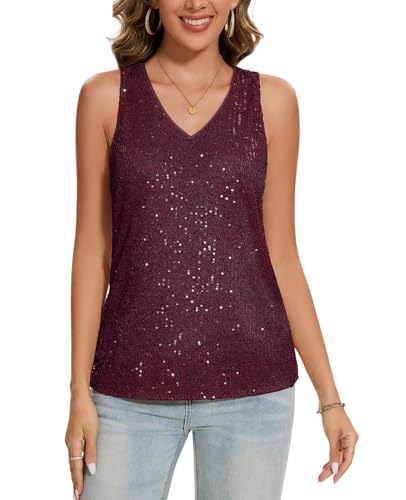 MINTLIMIT Damen Pailletten Glitzer Tunika Ärmellos Tank Top Läsiges V Ausschnitt Oberteil Lose (Weinrot XXL) von MINTLIMIT
