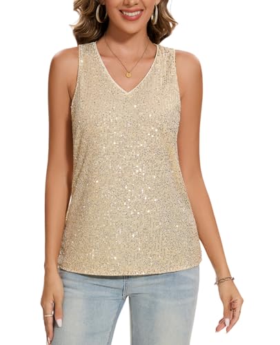 MINTLIMIT Damen Pailletten Metallic Bluse Ärmellos Tank Top Läsiges V-Ausschnitt Oberteil Lose (Golden XL) von MINTLIMIT