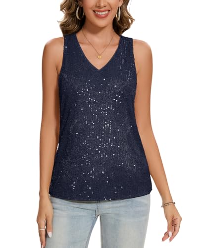 MINTLIMIT Damen Pailletten Metallic Bluse Ärmellos Tank Top Läsiges V-Ausschnitt Oberteil Lose (Marine XL) von MINTLIMIT