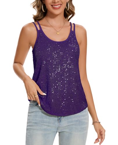 MINTLIMIT Damen Pailletten Metallic Bluse Ärmellos Tank Top Trägertop Läsiges Glitzer Oberteil (Purple XL) von MINTLIMIT