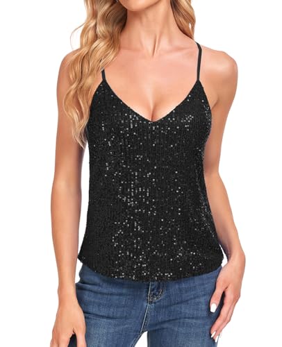 MINTLIMIT Damen Pailletten Oberteil Ärmellos Glitzer Shirt V-Ausschnitt Camisole Bluse Party Cocktail Oberteile, Schwarz von MINTLIMIT