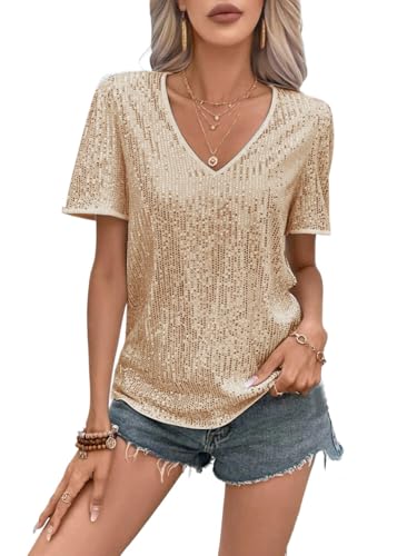 MINTLIMIT Damen Pailletten Oberteil Kurzarm Glitzer Shirt V-Ausschnitt Bluse Party Cocktail Oberteile von MINTLIMIT