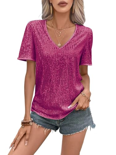 MINTLIMIT Damen Pailletten Oberteil Kurzarm Glitzer Shirt V-Ausschnitt Bluse Party Cocktail Oberteile von MINTLIMIT