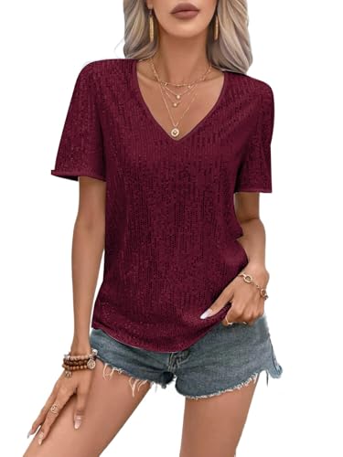MINTLIMIT Damen Pailletten Oberteil Kurzarm Glitzer Shirt V-Ausschnitt Bluse Party Cocktail Oberteile von MINTLIMIT