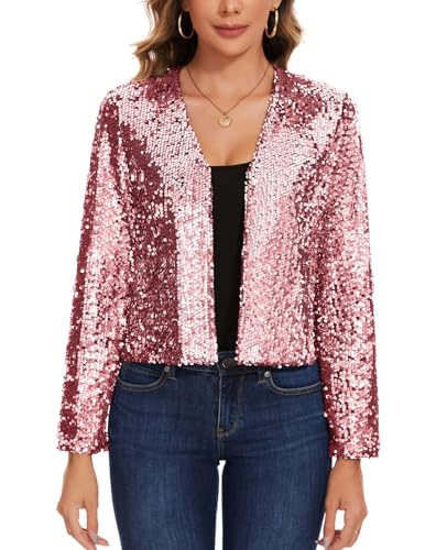 MINTLIMIT Damen Pailletten Strickjacke Kurz Offene Vorne Cardigan Langarm Bolero Dünne Elegant Glitzer Jacke Bolerojacke (Hell rosa XXL) von MINTLIMIT