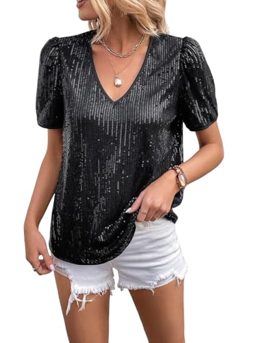MINTLIMIT Damen Pailletten Tops Kurzarm Schimmer Glitzer Top V Ausschnitt Sparkly Bluse Club Party Shirt, 96_Black, L von MINTLIMIT