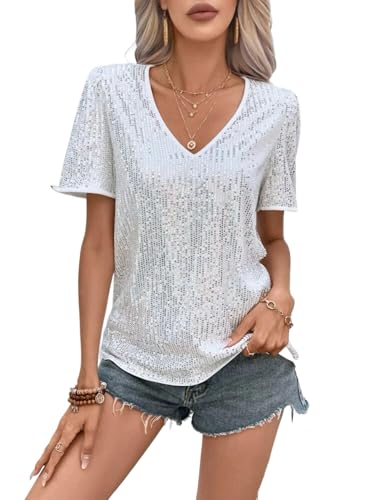 MINTLIMIT Damen Pailletten Tops Kurzarm Schimmer Glitzer Top V Ausschnitt Sparkly Bluse Club Party Shirt, 96_white, XXL von MINTLIMIT