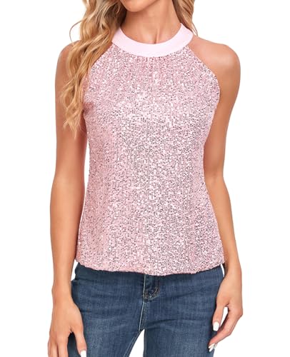 MINTLIMIT Damen Pailletten Tops Sparkle Tank Camisole Tops Club Party Cocktail Weste Shirt Party Bluse, 327_pink, XXL von MINTLIMIT