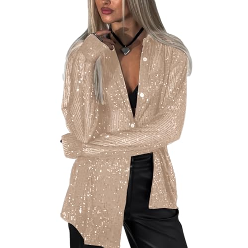 MINTLIMIT Damen Paillettenhemd vorne offen Langarmhemd mit Kragen Lockere Blusen Glitzer Button-Down-Shirt Tops von MINTLIMIT