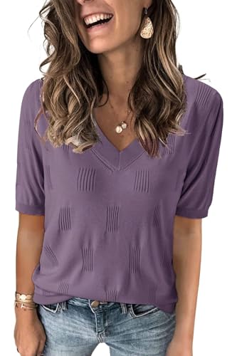 MINTLIMIT Damen Puff Kurzarm Pullover Sommer V-Ausschnitt Strickpullover Leichte Casual Oberteile T-Shirt von MINTLIMIT