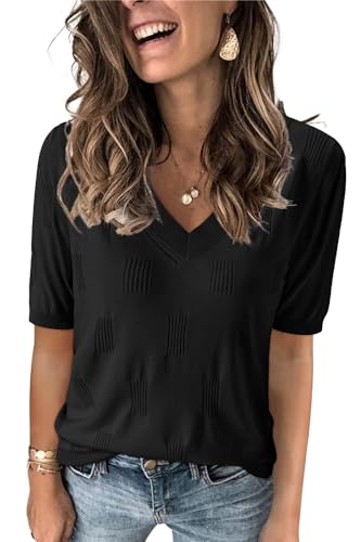 MINTLIMIT Damen Puff Kurzarm Pullover Sommer V-Ausschnitt Strickpullover Leichte Casual Oberteile T-Shirt von MINTLIMIT