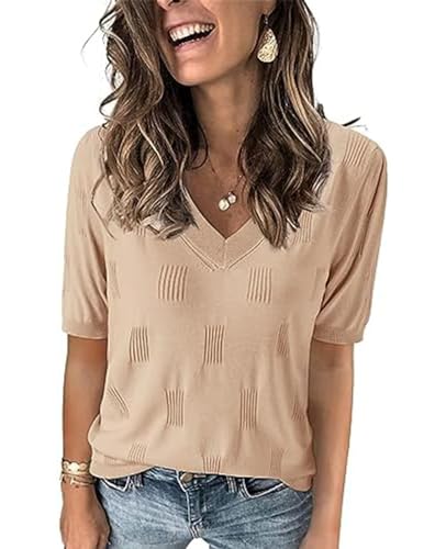 MINTLIMIT Damen Puff Kurzarm Pullover Sommer V-Ausschnitt Strickpullover Leichte Casual Oberteile T-Shirt von MINTLIMIT
