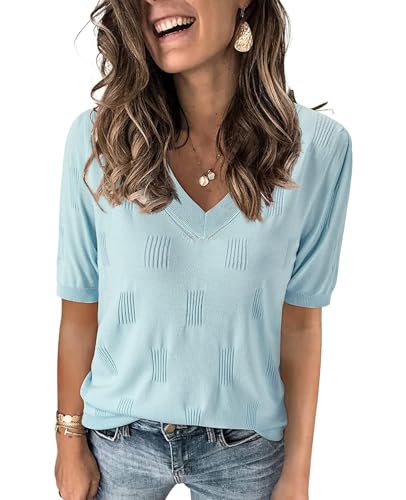 MINTLIMIT Damen Puff Kurzarm Pullover Sommer V-Ausschnitt Strickpullover Leichte Casual Oberteile T-Shirt von MINTLIMIT