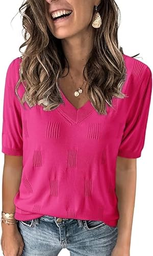 MINTLIMIT Damen Puff Kurzarm Pullover Sommer V-Ausschnitt Strickpullover Leichte Casual Oberteile T-Shirt von MINTLIMIT