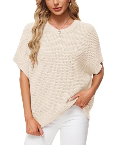 MINTLIMIT Damen Pullover Elegant Kurzarm Strickpullover Mock Neck Knit Sweater Lose Casual Tops Jumper Strickpulli (Beige XL) von MINTLIMIT