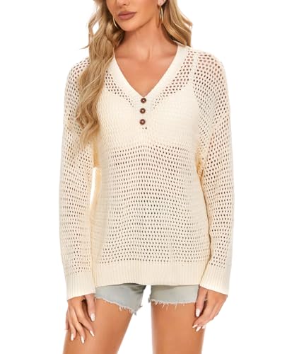 MINTLIMIT Damen Pullover Gestrickte Strickpullover Hollow Out Crochet Langarm Sweater Elegant Lässige (Beige M) von MINTLIMIT