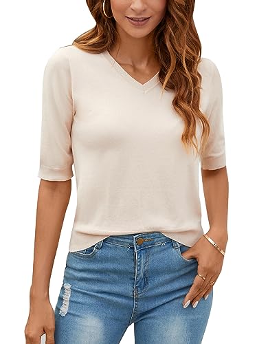 MINTLIMIT Damen Pullover Sommer Frühling Casual Kurze Ärmel V-Ausschnitt Loser Pullover Strick Herbst Pullover Tops MINTLIMIT Damen Pullover Sommer Frühling Casual Kurze Ärmel V-Ausschnitt Loser Pullover Strick Herbst Pullover Tops von MINTLIMIT