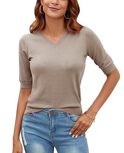 MINTLIMIT Damen Pullover Sommer Frühling Casual Kurze Ärmel V-Ausschnitt Loser Pullover Strick Herbst Pullover Tops von MINTLIMIT