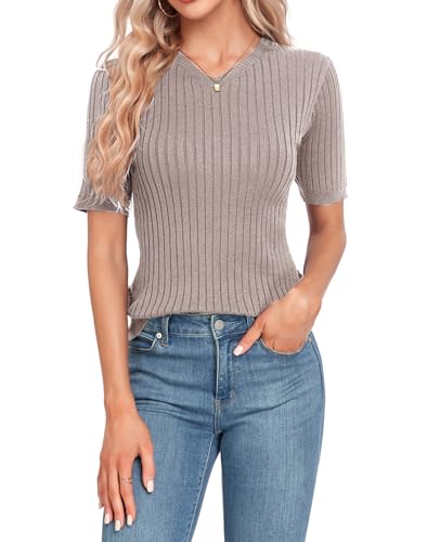 Damen Strickpullover Sommer Frühling Casual Mock Neck Kurze Ärmel Knitted Stretch Sweater Shirt von MINTLIMIT