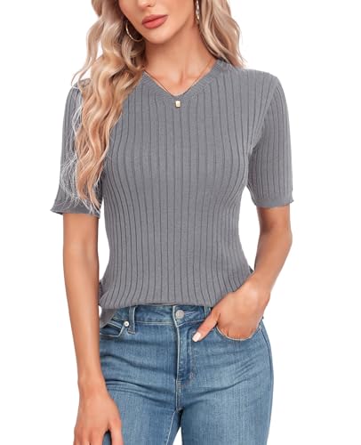 MINTLIMIT Damen Pullover Sommer Frühling Casual Kurze Ärmel V-Ausschnitt Loser Strick Herbst Tops von MINTLIMIT