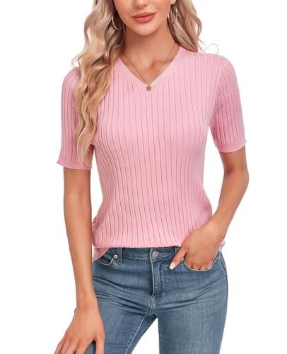 MINTLIMIT Damen Pullover Sommer Frühling Casual Kurze Ärmel V-Ausschnitt Loser Pullover Strick Herbst Pullover Tops von MINTLIMIT