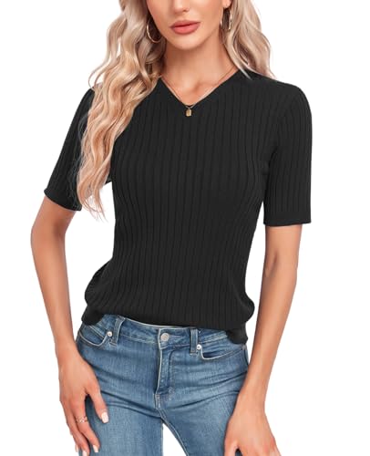 MINTLIMIT Damen Pullover Sommer Frühling Casual Kurze Ärmel V-Ausschnitt Loser Pullover Strick Herbst Pullover Tops MINTLIMIT Damen Pullover Sommer Frühling Casual Kurze Ärmel V-Ausschnitt Loser Pullover Strick Herbst Pullover Tops von MINTLIMIT
