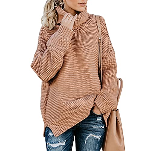 MINTLIMIT Damen Pullover lose Pullis Langarm Oberteil Rollkragen Outwear Winter Frühling Cardigan,Khaki,XL von MINTLIMIT