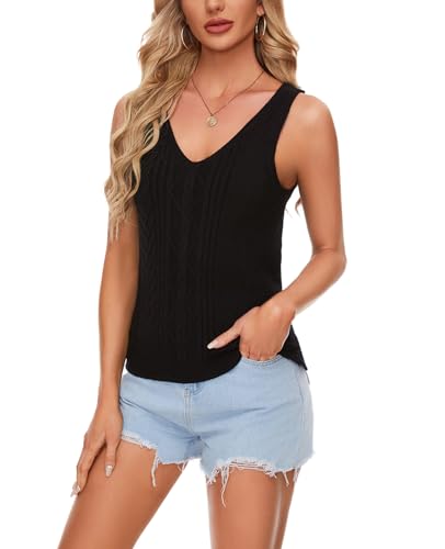 MINTLIMIT Damen Pullunder Ärmellos Strickpullover V-Ausschnitt Strickweste Sommer Strick Tank Top (Schwarz L) von MINTLIMIT