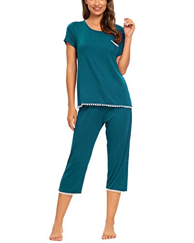 MINTLIMIT Damen Pyjama Schlafanzug Kurz Nachtwäsche Hausanzug Set Kurzarm Rundhals-Ausschnitt (Teal Blue,Größe S) von MINTLIMIT