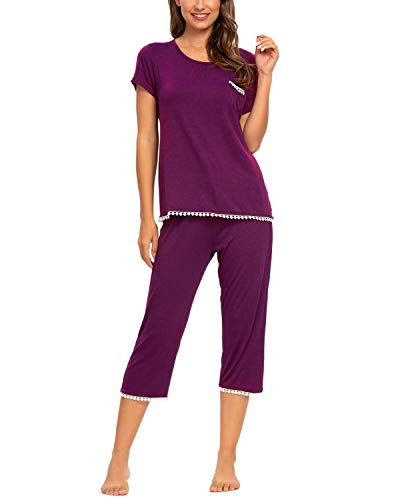 MINTLIMIT Damen Pyjama Schlafanzug Kurz Nachtwäsche Nachthemd Hausanzug Kurzarm mit Caprihose (Purple,Größe XL) von MINTLIMIT