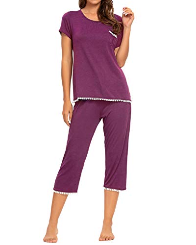 MINTLIMIT Damen Pyjama Schlafanzug Kurz Sommer Pyjama Set Nachtwäsche Kurzarm Sleepwear Purple XXL von MINTLIMIT