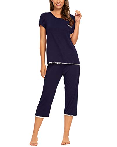 MINTLIMIT Damen Pyjama Shorty Schlafanzug Kurz Süß Shirt Kurzarm Caprihose für Sommer Frauen (Navy Blau,Größe S) von MINTLIMIT