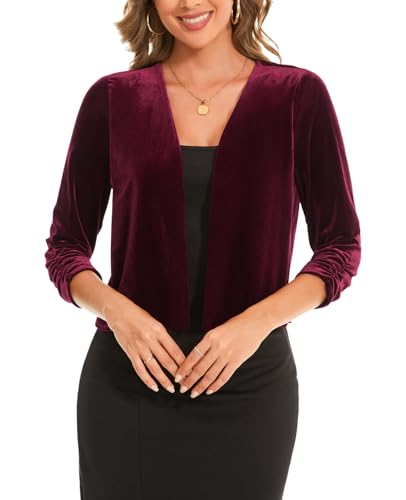 MINTLIMIT Damen Samt Bolero Festlich Offene Elegant Bolerojacke Kurze Lässige Strickjacke Shrug 3/4 Ärmel Cardigan Top (Weinrot M) von MINTLIMIT