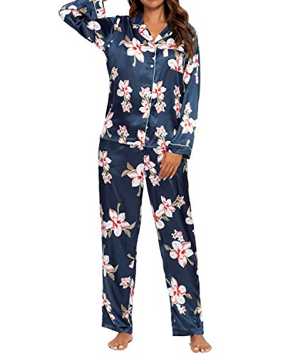 MINTLIMIT Damen Schlafanzug Lang Satin Revers Knopfleiste Weich Hausanzug Lang/Kurzarm Tops & Hosen Nachtwäsche Ladies Pyjama Set Loungewear für Herbst Winter,Blau(L) von MINTLIMIT