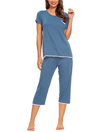 MINTLIMIT Damen Schlafanzug Sommer Pyjama Kurze Ärmel Caprihose Nachtwäsche Hausanzug Sleepwear,Blau,L von MINTLIMIT