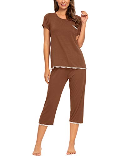 MINTLIMIT Damen Schlafanzug Sommer Pyjama Kurze Ärmel Caprihose Nachtwäsche Hausanzug Sleepwear,Braun,38 40 von MINTLIMIT