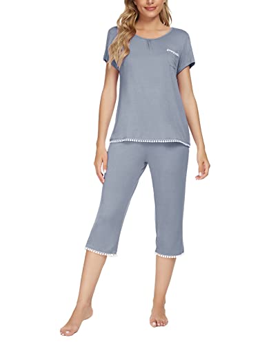 MINTLIMIT Damen Schlafanzug Sommer Pyjama Kurze Ärmel Caprihose Nachtwäsche Hausanzug Sleepwear,Deep Grey(B),L von MINTLIMIT