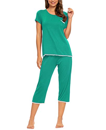 MINTLIMIT Damen Schlafanzug Sommer Pyjama Kurze Ärmel Caprihose Nachtwäsche Hausanzug Sleepwear,Grün,38 40 von MINTLIMIT