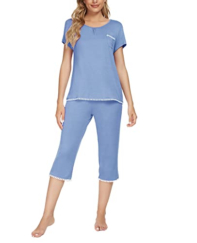 MINTLIMIT Damen Schlafanzug Sommer Pyjama Kurze Ärmel Caprihose Nachtwäsche Hausanzug Sleepwear,Light Blue(B),M von MINTLIMIT