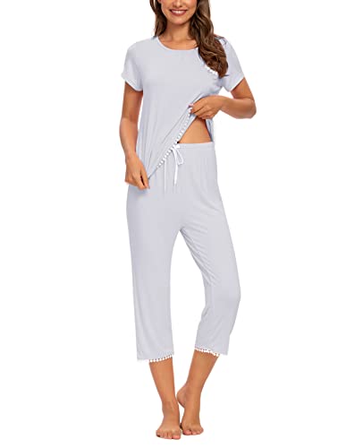 MINTLIMIT Damen Schlafanzug Sommer Pyjama Kurze Ärmel Caprihose Nachtwäsche Hausanzug Sleepwear,Light Grey(B),L von MINTLIMIT