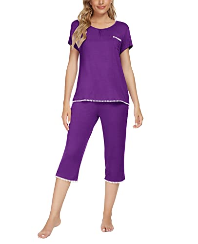 MINTLIMIT Damen Schlafanzug Sommer Pyjama Kurze Ärmel Caprihose Nachtwäsche Hausanzug Sleepwear,Purple(B),XXL von MINTLIMIT