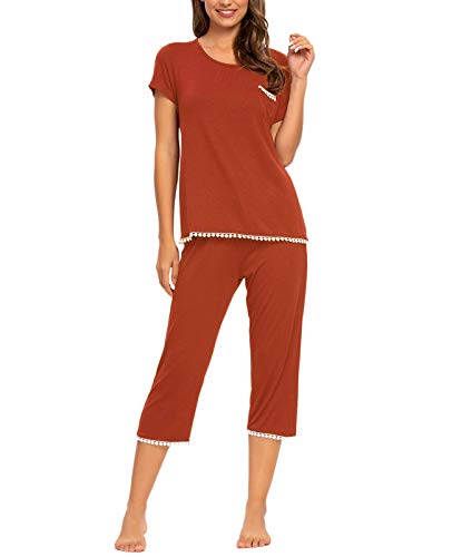 MINTLIMIT Damen Schlafanzug Sommer Pyjama Kurze Ärmel Caprihose Nachtwäsche Hausanzug Sleepwear,Rotbraun,XL von MINTLIMIT