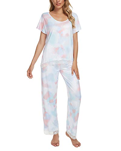 MINTLIMIT Damen Schlafanzug V-Ausschnitt Kurzarm Shirt Sleepwear Pyjama Set Hausanzug Nachtwäsche Negligee Tie Dye-3 S von MINTLIMIT